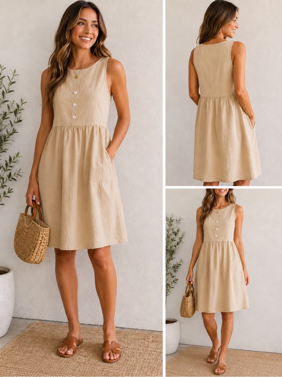 Forever Collectibles Dresses & Skirts - Women’s 100% linen sleeveless A- line dress casual loose fitting breathable.